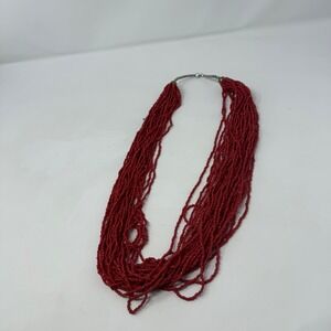 Vintage Red Multi Strand Seed Bead Statement Necklace Boho Layered Hook Clasp
